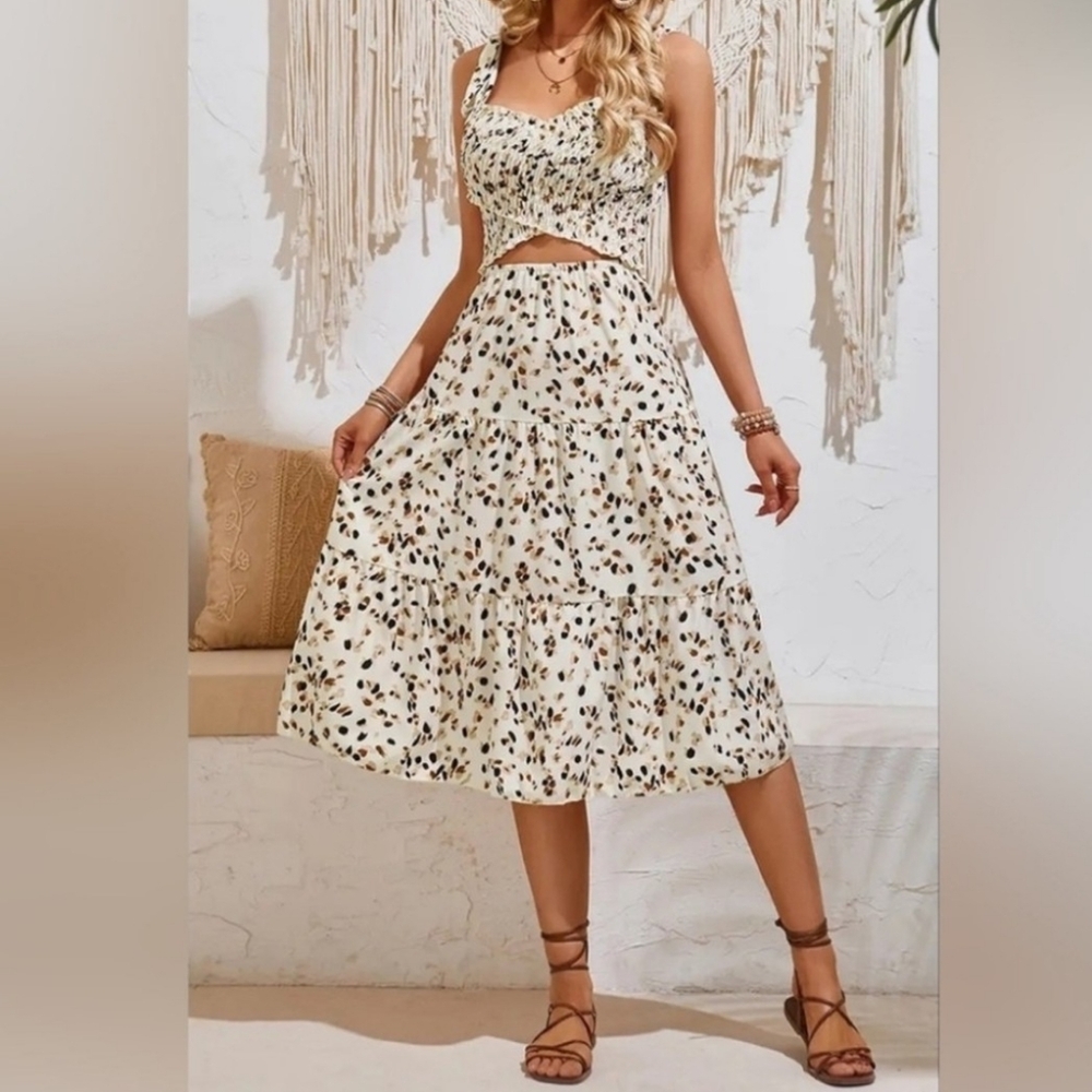 Brown and Cream Ruched Ruffled Maxi Sundress